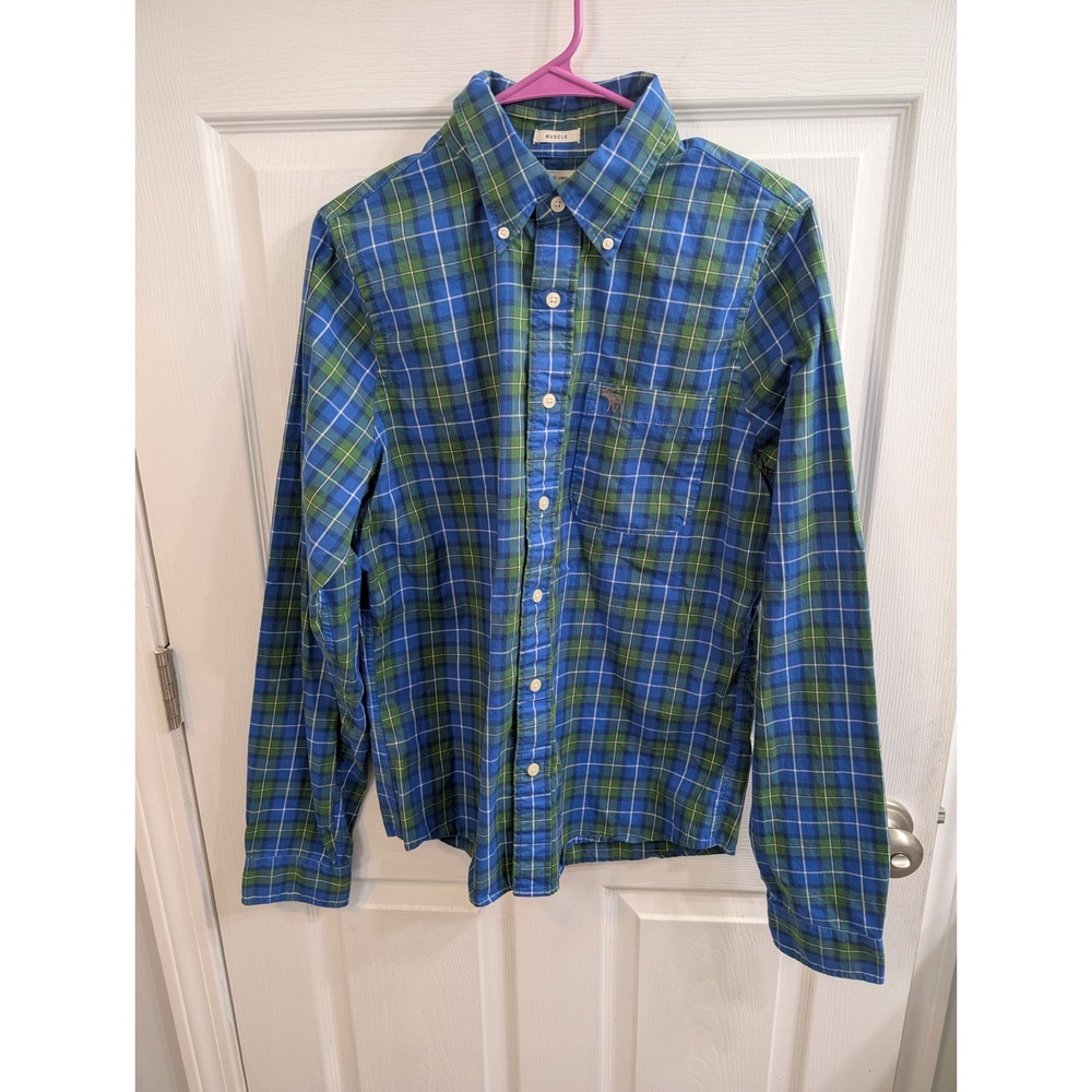 Abercrombie & Fitch Button Down Mens Blue Green Plaid Muscle Fit - Size L